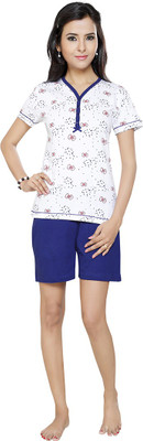 

FLAMINGO Women's Printed White, Blue Top & Pyjama Set, Navy