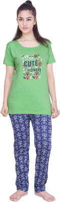 

Rightshape Women Solid, Printed Multicolor Top & Pyjama Set, Light green