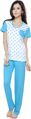 

FLAMINGO Women's Printed White, Light Blue Top & Pyjama Set, Turquoise