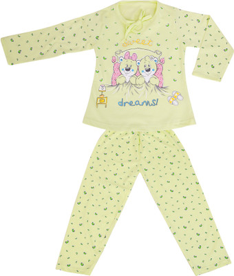 Natkhat Kids Nightwear Girls Printed Cotton(Green Pack of 2, Green & light green & white