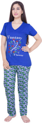 

Rightshape Women's Solid, Printed Multicolor Top & Pyjama Set, Dark blue