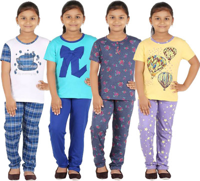 FICTIF Kids Nightwear Girls Printed Cotton Blend(Multicolor)