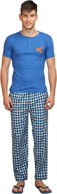 

Rightshape Men Solid, Woven, Checkered Blue Top & Pyjama Set