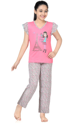 

Kombee Kids Nightwear Girls Printed Cotton, Pink & grey