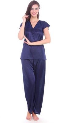 fasense Women Solid Dark Blue Top & Pyjama Set