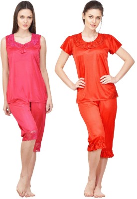 Boosah Women Solid Red, Pink Top & Capri Set