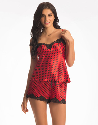 PrettySecrets Women's Polka Print Red, Black Top & Shorts Set