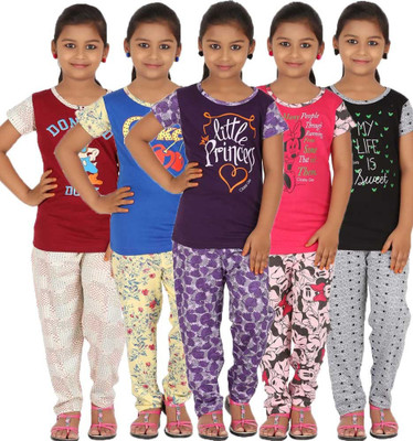 

Meril Kids Nightwear Girls Printed Cotton, Pink-maroon-black-blue-purple