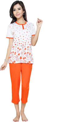 

FLAMINGO Women's Printed White, Orange Top & Pyjama Set