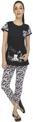 

Red Ring Women's Printed Black Top & Pyjama Set