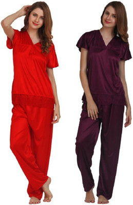 Boosah Women Solid Purple, Red Top & Pyjama Set
