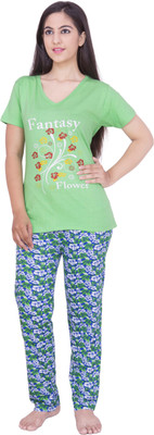 

Rightshape Women's Solid, Printed Multicolor Top & Pyjama Set, Light green