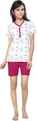 

FLAMINGO Women's Printed, Solid White, Pink Top & Pyjama Set, Fuxia