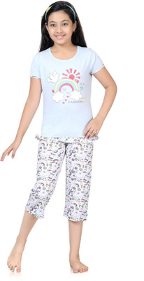 

Kombee Kids Nightwear Girls Printed Cotton, Light blue & white