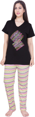 

Rightshape Women's Solid, Printed Multicolor Top & Pyjama Set, Black