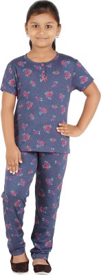 FICTIF Kids Nightwear Girls Printed Cotton Blend(Blue Pack of 1)