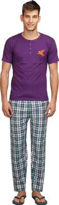 

Right Shape Men Checkered, Woven, Solid Purple Top & Pyjama Set