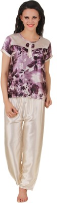 fasense Fashion Women Floral Print Purple, White Top & Pyjama Set