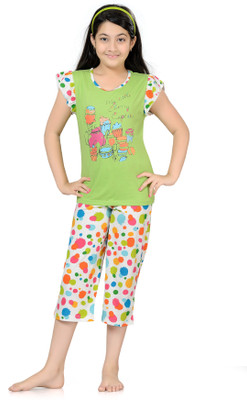 

Kombee Kids Nightwear Girls Printed Cotton(Multicolor, Green & white