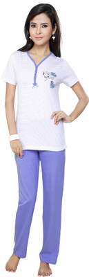 

FLAMINGO Women's Printed White, Purple Top & Pyjama Set, Lavender