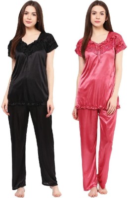 Boosah Women Solid Black, Pink Top & Pyjama Set