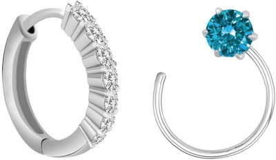PeenZone Cubic Zirconia Rhodium Plated Sterling Silver Nose Ring Set(Pack of 2)