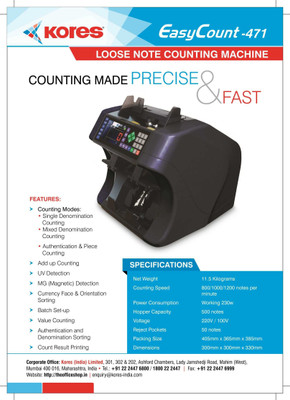 

Kores Easycount 471 Note Counting Machine(Counting Speed - 1200 notes/min)