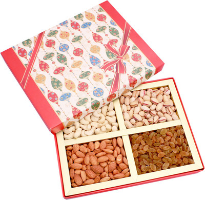 

Ghasitaram Gifts Red Square 4 part Dryfruit Almonds, Cashews, Raisins, Pistachios(400 g, Box)