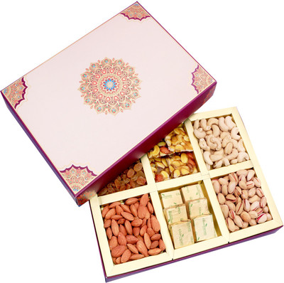

Ghasitaram Gifts Fusion 6 Part Dryfruit Chikki Hamper Almonds, Cashews, Raisins, Pistachios(380 g, Box)