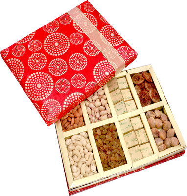 Ghasitaram Gifts Satin 8 Part Chocolate Hamper Pistachios, Cashews, Almonds, Raisins(480 g)