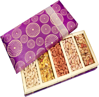 Ghasitaram Gifts Satin 5 PartDryfruit Chikki Hamper Pistachios, Cashews, Almonds, Raisins