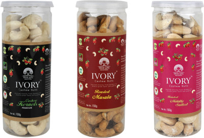 

Ivory Value Pack of 3 (Grade 320)- Plain 150gm, Roasted Masala 150gm, Roasted Mildly Salted 150gm Cashews(450 g, Mason Jar)
