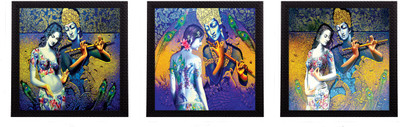 eCraftIndia Set Of 3 Radha- Krishna Satin Matt Textured UV Canvas 10 inch x 30 inch Painting(With Frame, Pack of 3)