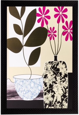 eCraftIndia Botanical Black & Pink Flower Canvas 20 inch x 14 inch Painting(With Frame)