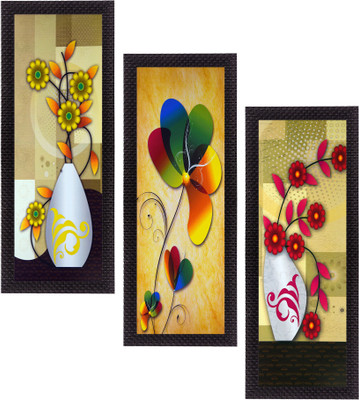 eCraftIndia Set Of 3 Botanical Floral Pots Satin Matt Textured Canvas 40.64 cm x 17.78 cm Painting(With Frame, Pack of 3)