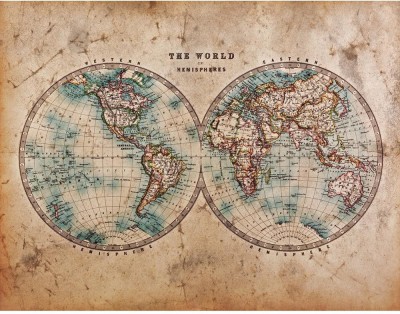 Pitaara Box Mid 1800s Old Stained World Map Showing Western And Eastern Hemispheres Unframed Wall Art Painting Print Canvas 24 inch x 31 inch Painting(Without Frame)