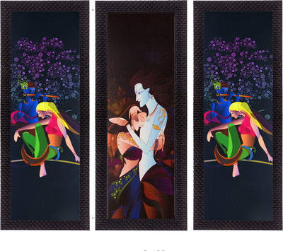 eCraftIndia Set Of 3 Radha Krishna Satin Matt Textured Canvas 16 inch x 21 inch Painting(With Frame, Pack of 3)
