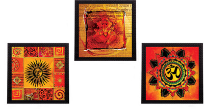 eCraftIndia Set Of 3 Om and Ganesha Satin Matt Textured UV Canvas 10 inch x 30 inch Painting(With Frame, Pack of 3)