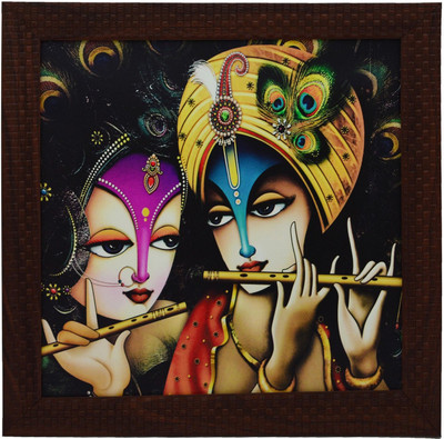eCraftIndia Radha Krishna Playing Flute Satin Matt Texture Canvas 29.21 cm x 29.21 cm Painting(With Frame)