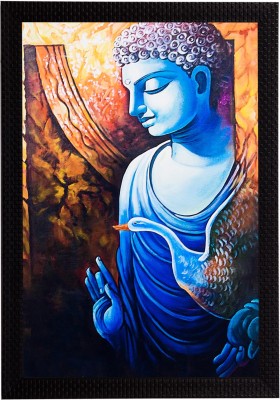 eCraftIndia Lord Buddha With Swan Satin Matt Textured UV Art Canvas 14 inch x 11 inch Painting(With Frame)