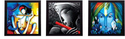 eCraftIndia Set Of 3 Lord Krishna Satin Matt Textured UV Canvas 10 inch x 30 inch Painting(With Frame, Pack of 3)