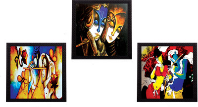eCraftIndia Set Of 3 Colorful Radha and Krishna Satin Matt Textured UV Canvas 10 inch x 30 inch Painting(With Frame, Pack of 3)