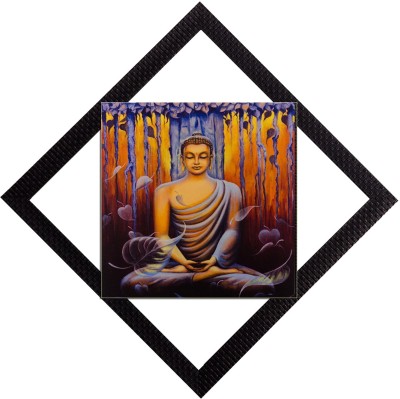 eCraftIndia Meditating Lord Buddha In Yellow Satin Matt Textured UV Art Canvas 12 inch x 12 inch Painting(With Frame)