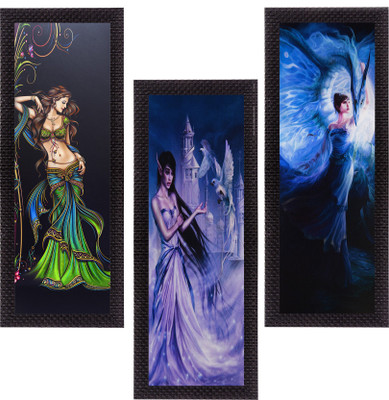 eCraftIndia Set Of 3 Beautiful Angels Satin Matt Textured Canvas 16 inch x 21 inch Painting(With Frame, Pack of 3)
