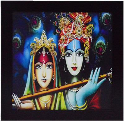 eCraftIndia Radha Krishna Playing Flute Satin Matt Texture Canvas 11.5 inch x 11.5 inch Painting(With Frame)