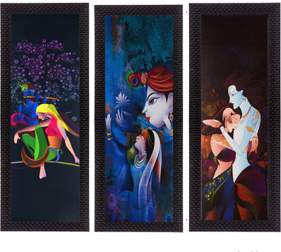 eCraftIndia Set Of 3 Radha Krishna Satin Matt Textured Canvas 16 inch x 21 inch Painting(With Frame, Pack of 3)