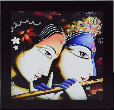 eCraftIndia Radha Krishna Playing Flute Satin Matt Texture Canvas 11.5 inch x 11.5 inch Painting(With Frame)