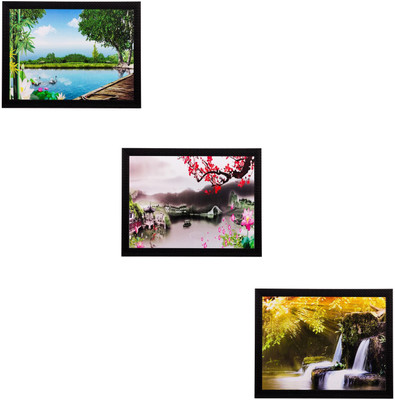 eCraftIndia Set Of 3 Scenary View Matt Textured Framed Uv Art Print Oil 11 inch x 14 inch Painting(With Frame, Pack of 3)