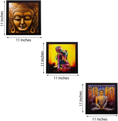eCraftIndia Set Of 3 Meditating Buddha Matt Textured Framed Uv Art Print Oil 11 inch x 11 inch Painting(With Frame, Pack of 3)