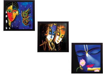 eCraftIndia Set Of 3 Lord Krishna and Radha Satin Matt Textured UV Canvas 10 inch x 30 inch Painting(With Frame, Pack of 3)